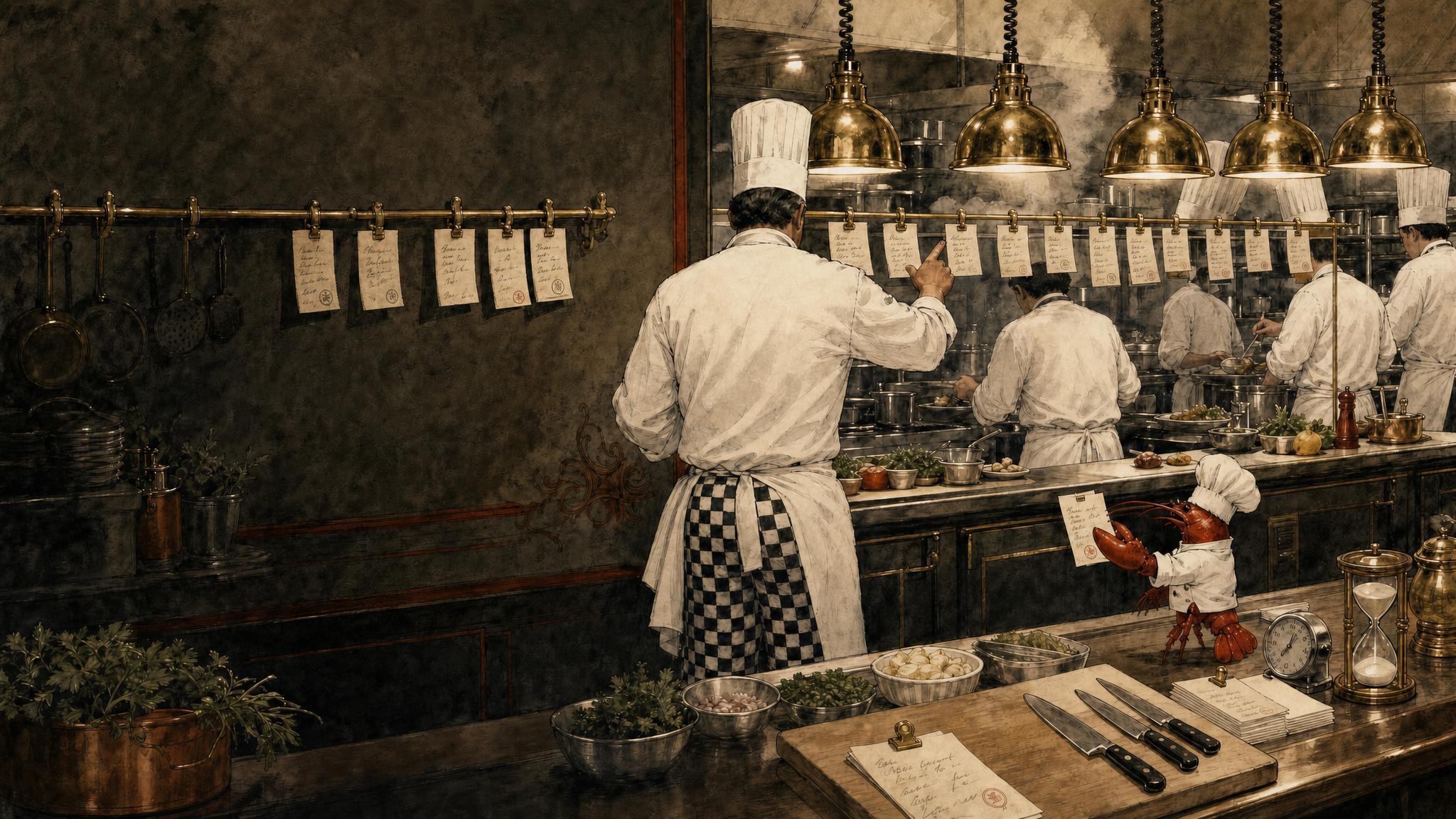 A kitchen brigade at the pass